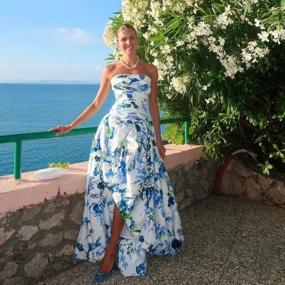 Luolandi Blue Printed A-Line Strapless Long Prom Dress Off Shoulder Evening Dress Formal Dress